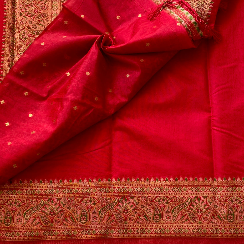 Cherry red Soft Jute Tussar with Meenakari woven borders n Pallu