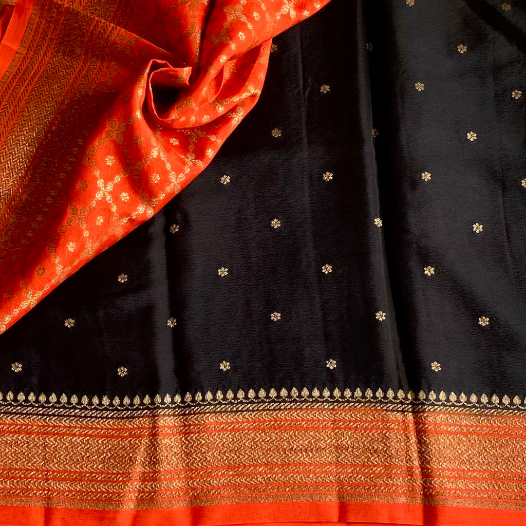 Jet Black Banarasi Crepe Silk Saree With Burnt Orange Pallu