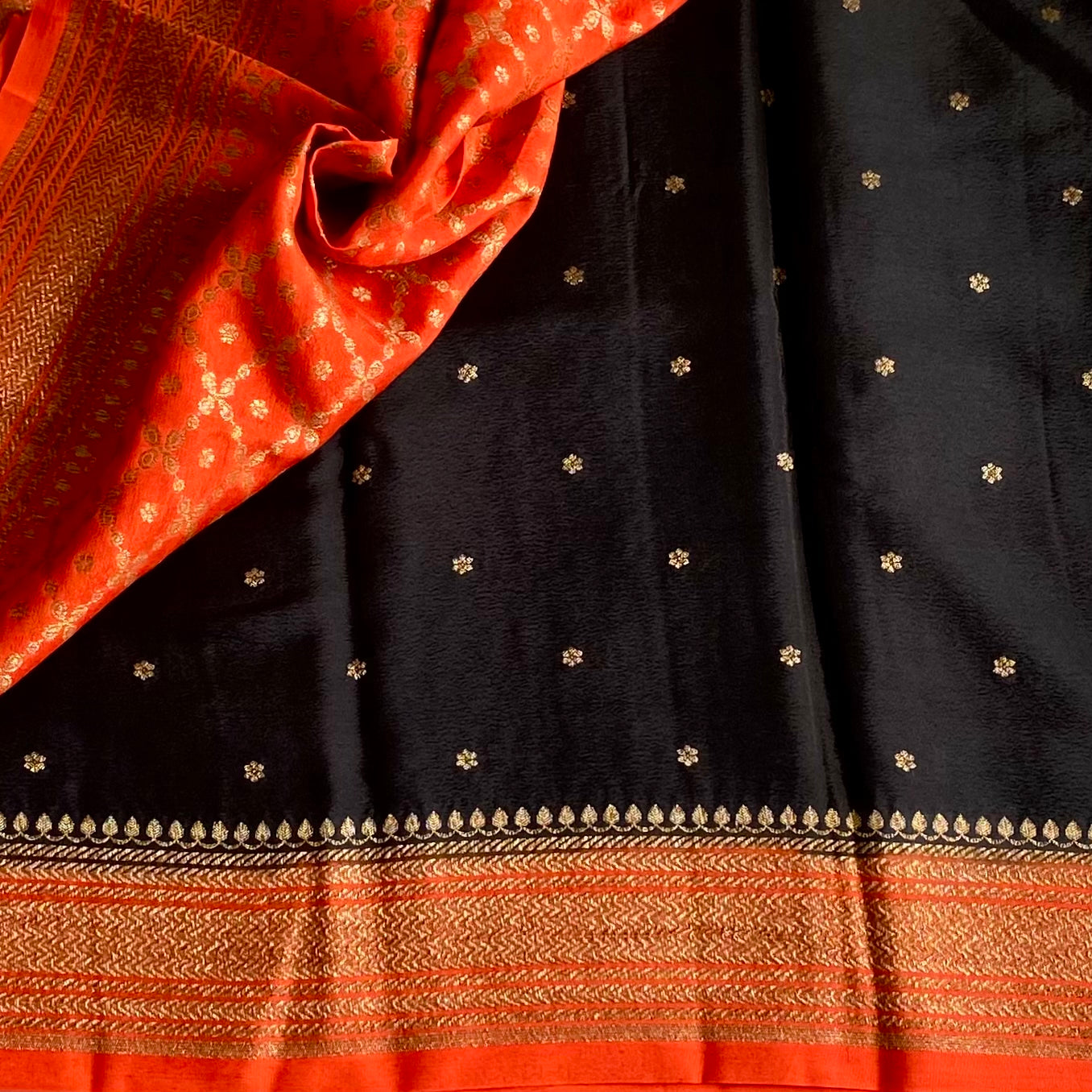 Jet Black Banarasi Crepe Silk Saree With Burnt Orange Pallu