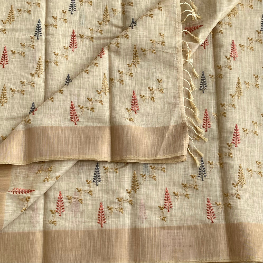 Light Beige Lightweight Tussar Embroidered Motifs With Tan Border Tassels