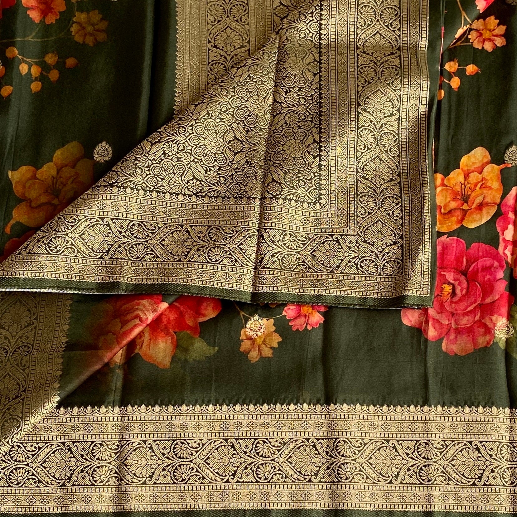 Forest Green Jute Tussar Silk With Antique Zari Pallu & Dreamy Prints