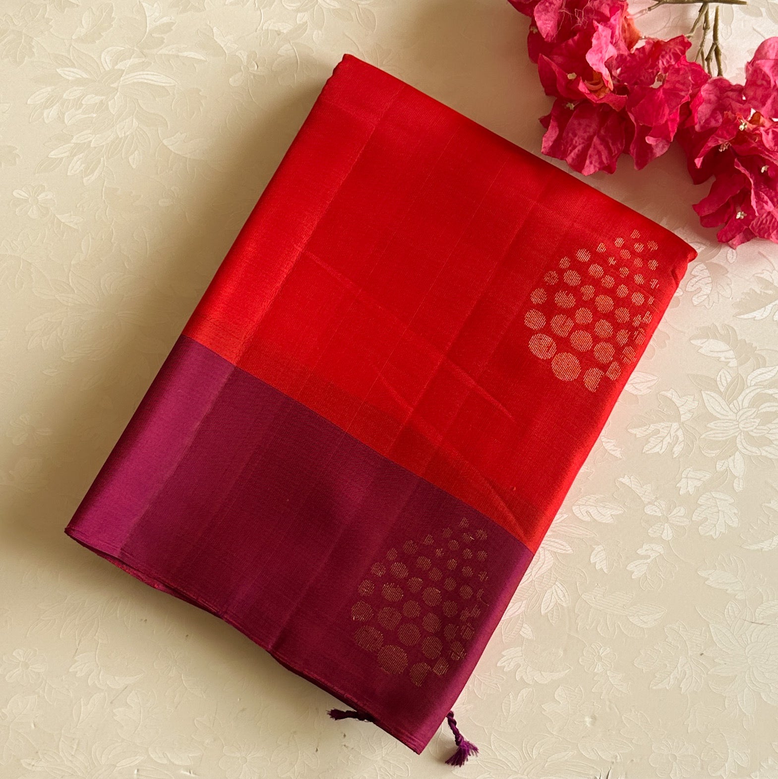 Crimson Orangish Red with magenta n purple designer pure Silk