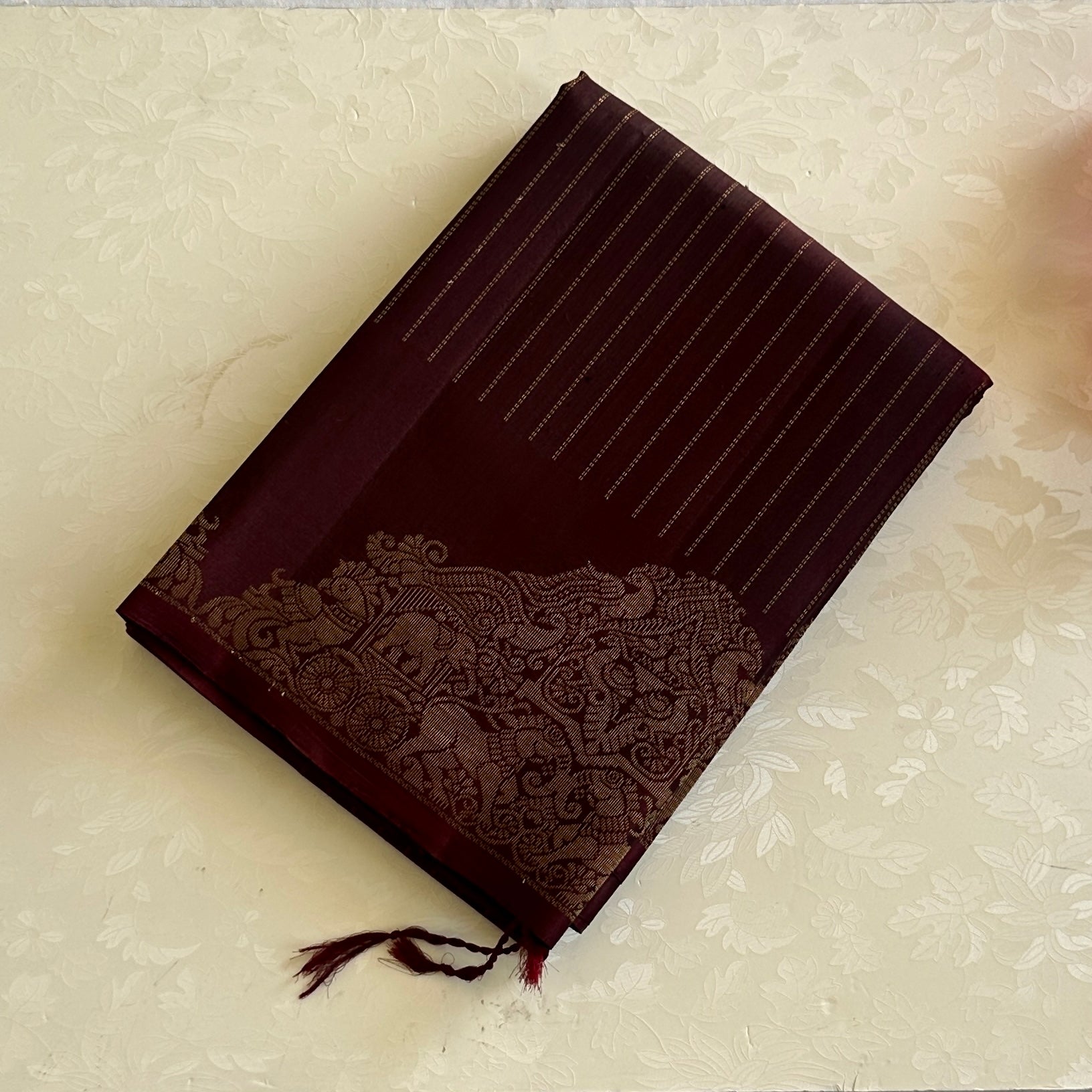 Deep Plum Woven Zari Saree with Temple Border and Tassels