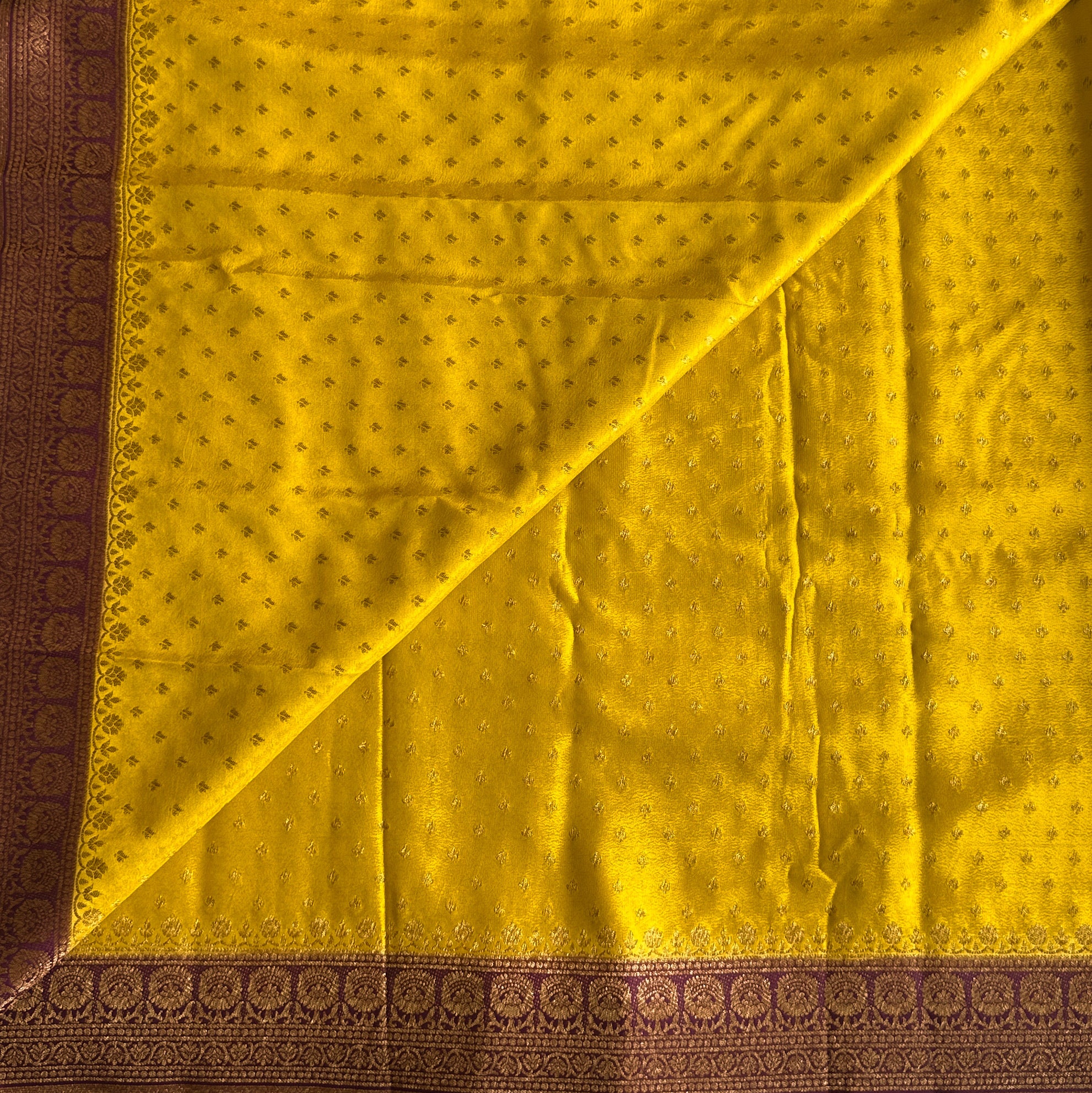 Lime greenish yellow with dark purple Banarasi soft crepe silk