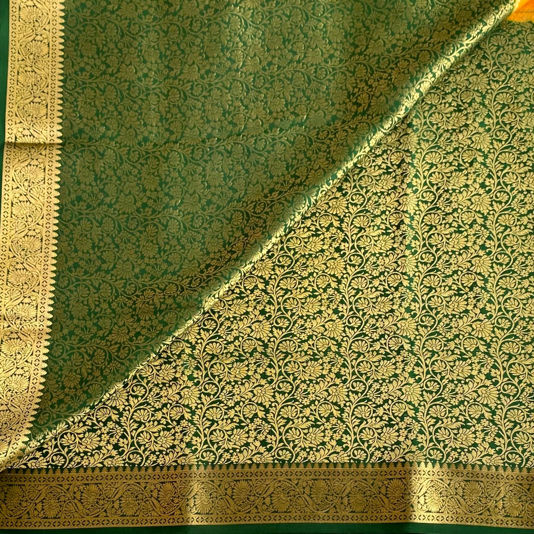 Mustard n Green Half n Half Mysore Crepe Silk Saree With Metallic Gold Zari Weave