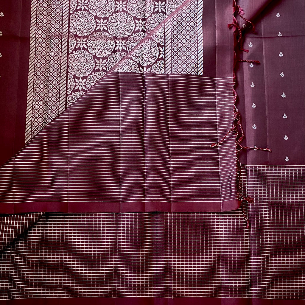 Burgundy Gold Brocade Saree Small Buti Checkered Body Traditional Wear