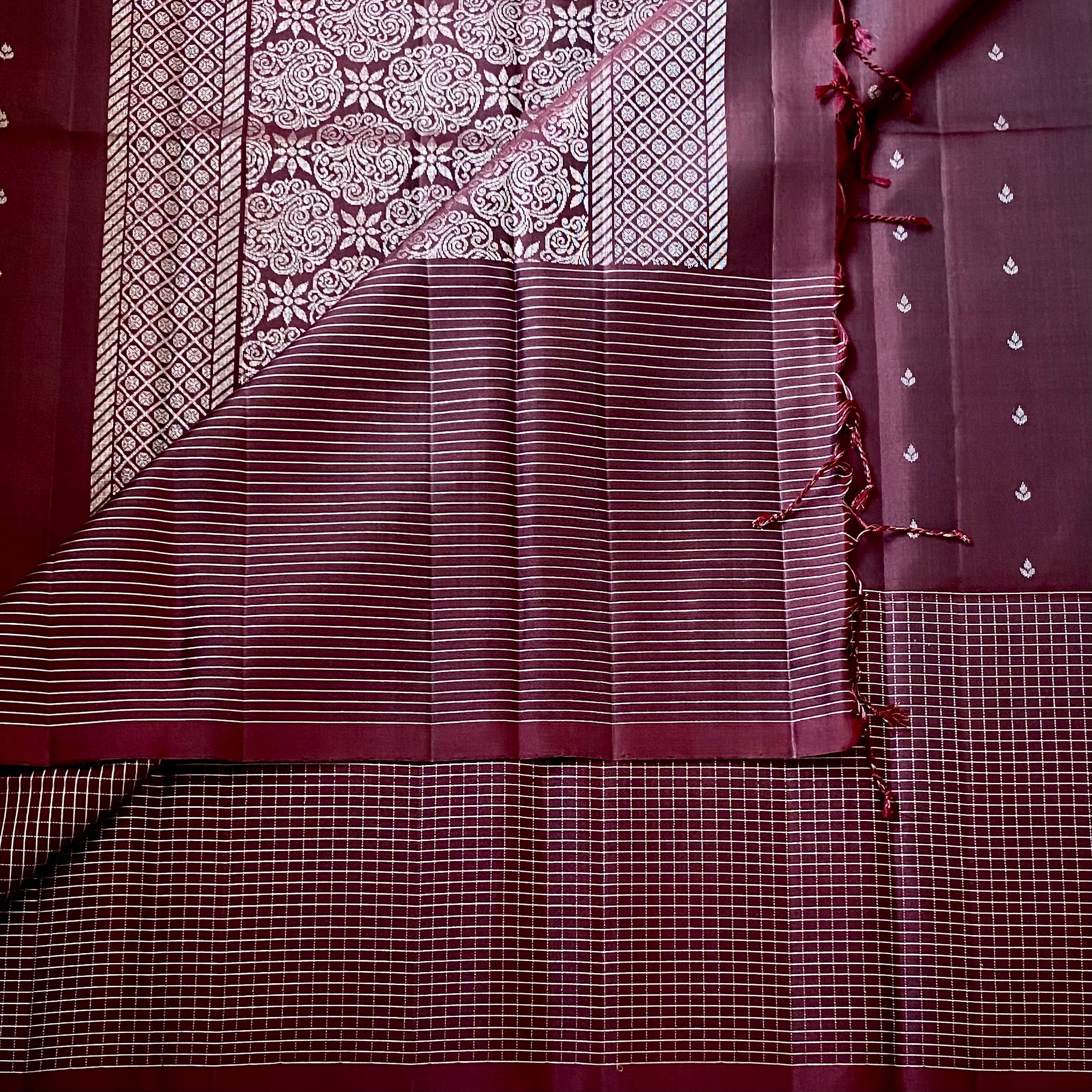 Burgundy Gold Brocade Saree Small Buti Checkered Body Traditional Wear