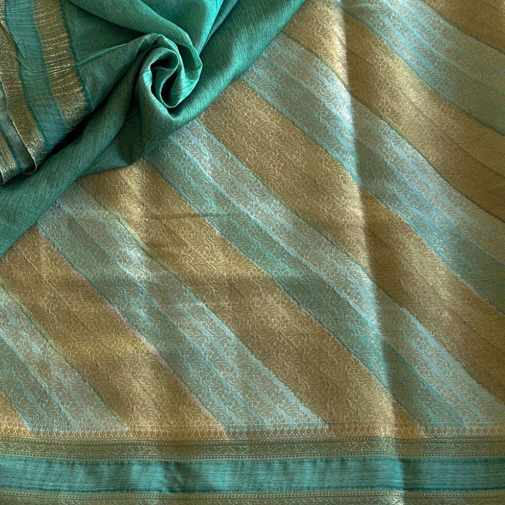 Aqua Gold Diagonal Striped Saree With Zari Border Pallu