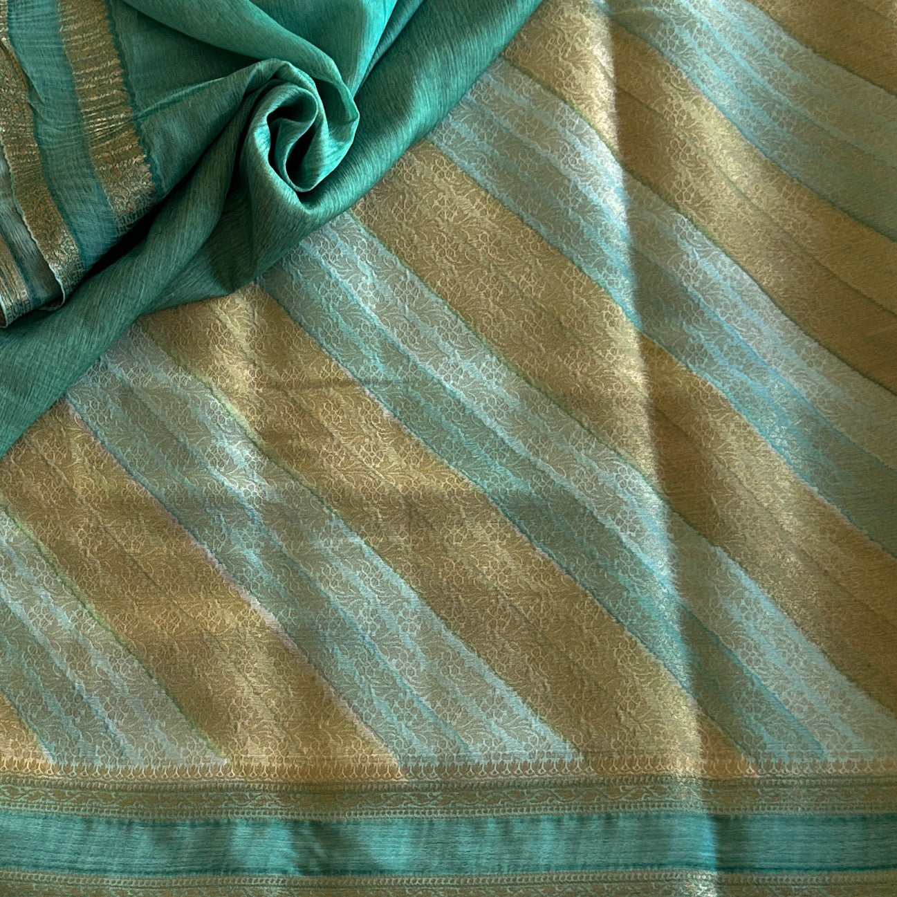 Aqua Gold Diagonal Striped Saree With Zari Border Pallu