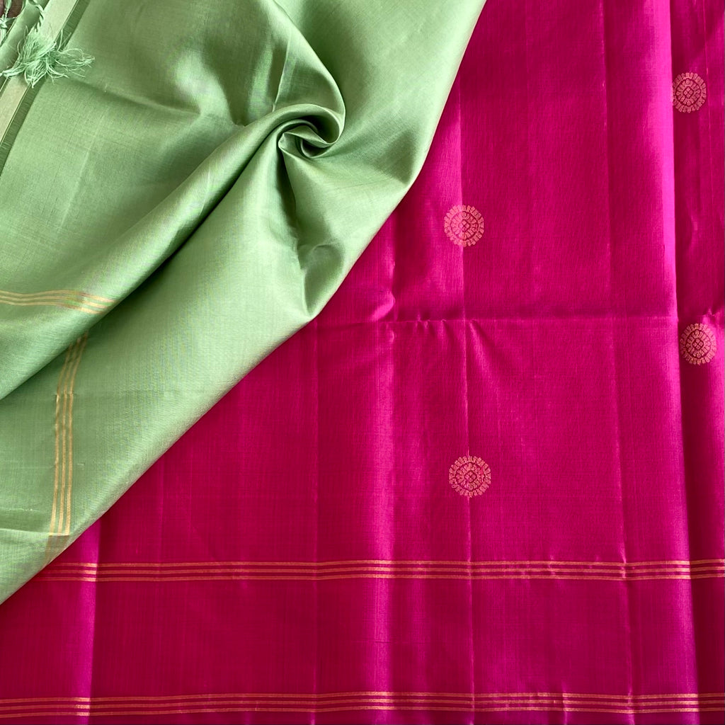 Vibrant Pink Designer Pure Silk Saree With Mint Green Pallu