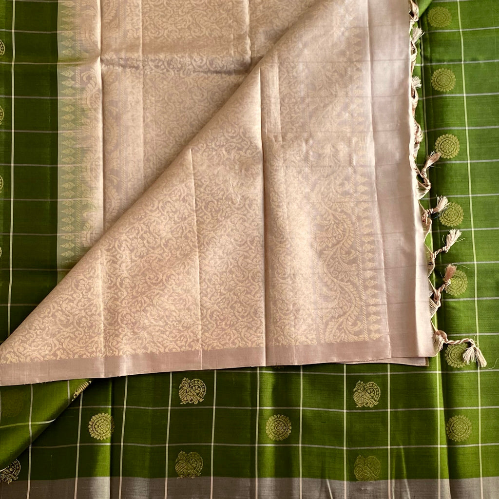 Olive Green Designer Pure Silk Saree With Champagne BeigePallu