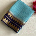 Aqua Blue Soft Tussar Silk Saree Royal Blue Border Brocade Pallu