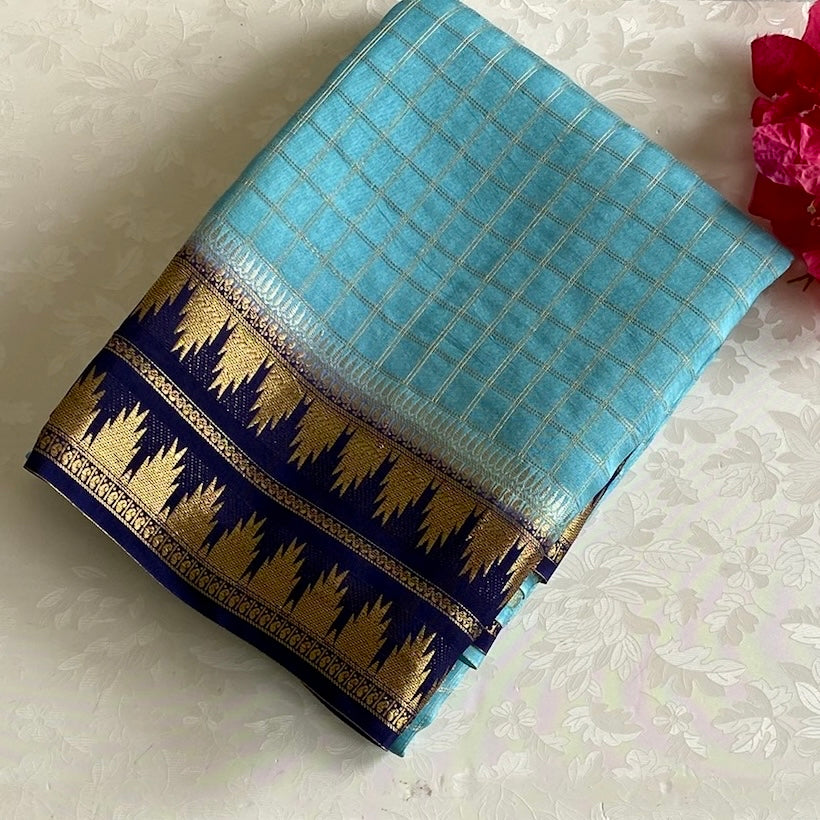 Aqua Blue Soft Tussar Silk Saree Royal Blue Border Brocade Pallu