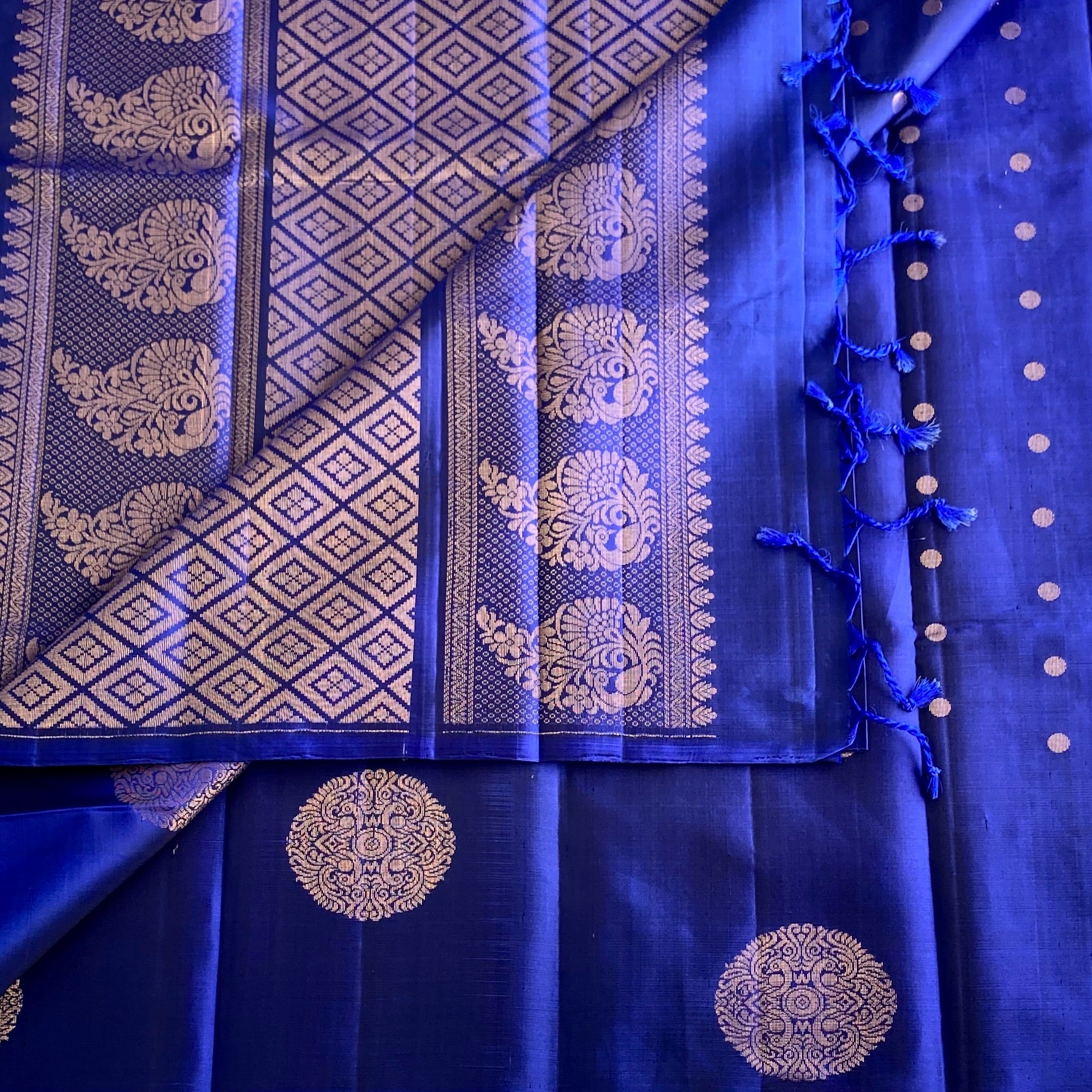 Royal Blue Designer Pure Silk Saree With Antique Gold Zari Panels