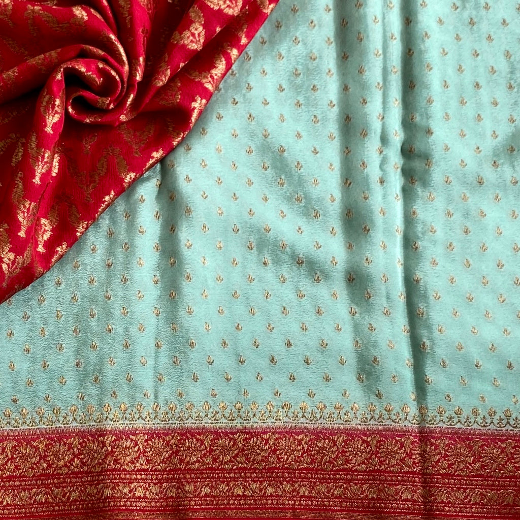 Seafoam Green Banarasi Crepe Silk Saree With Ruby Red Pallu