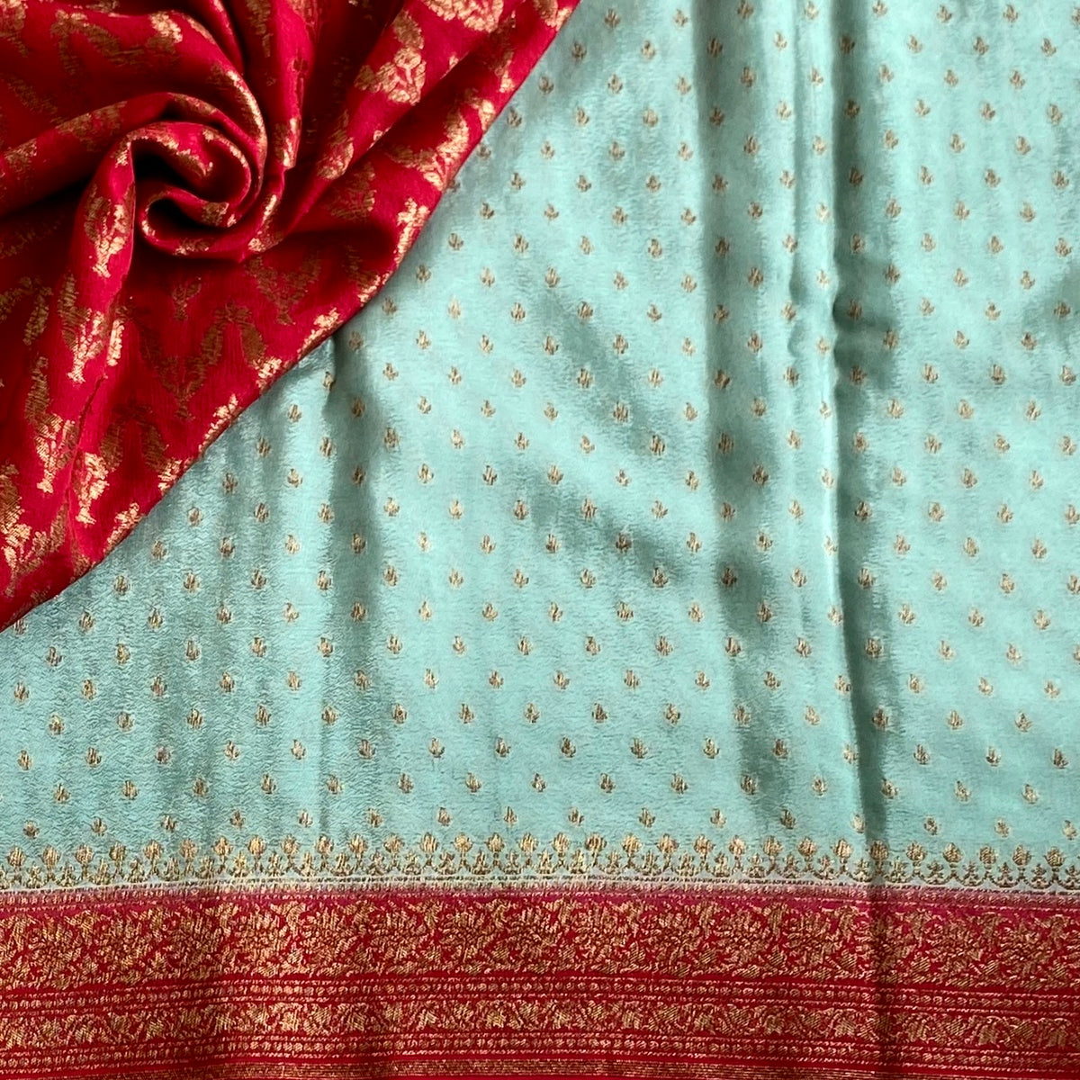 Seafoam Green Banarasi Crepe Silk Saree With Ruby Red Pallu