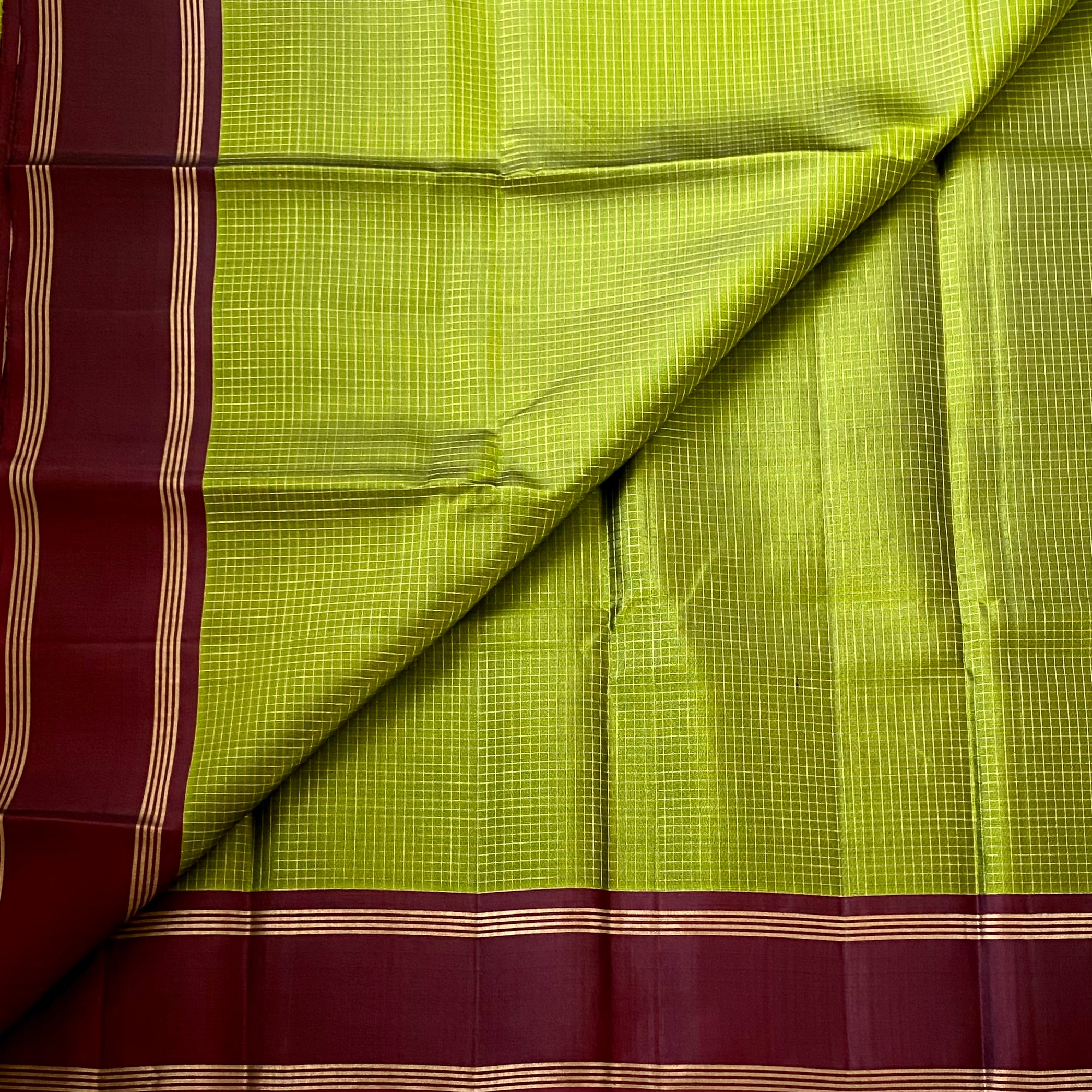 Chartreuse Green Silk Saree with Burgundy Gold Brocade Pallu