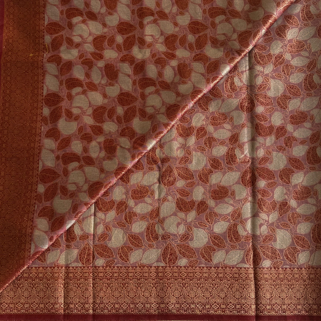 Maroon Gold Brocade Saree Leaf Motif Tassel Pallu Wedding Silk