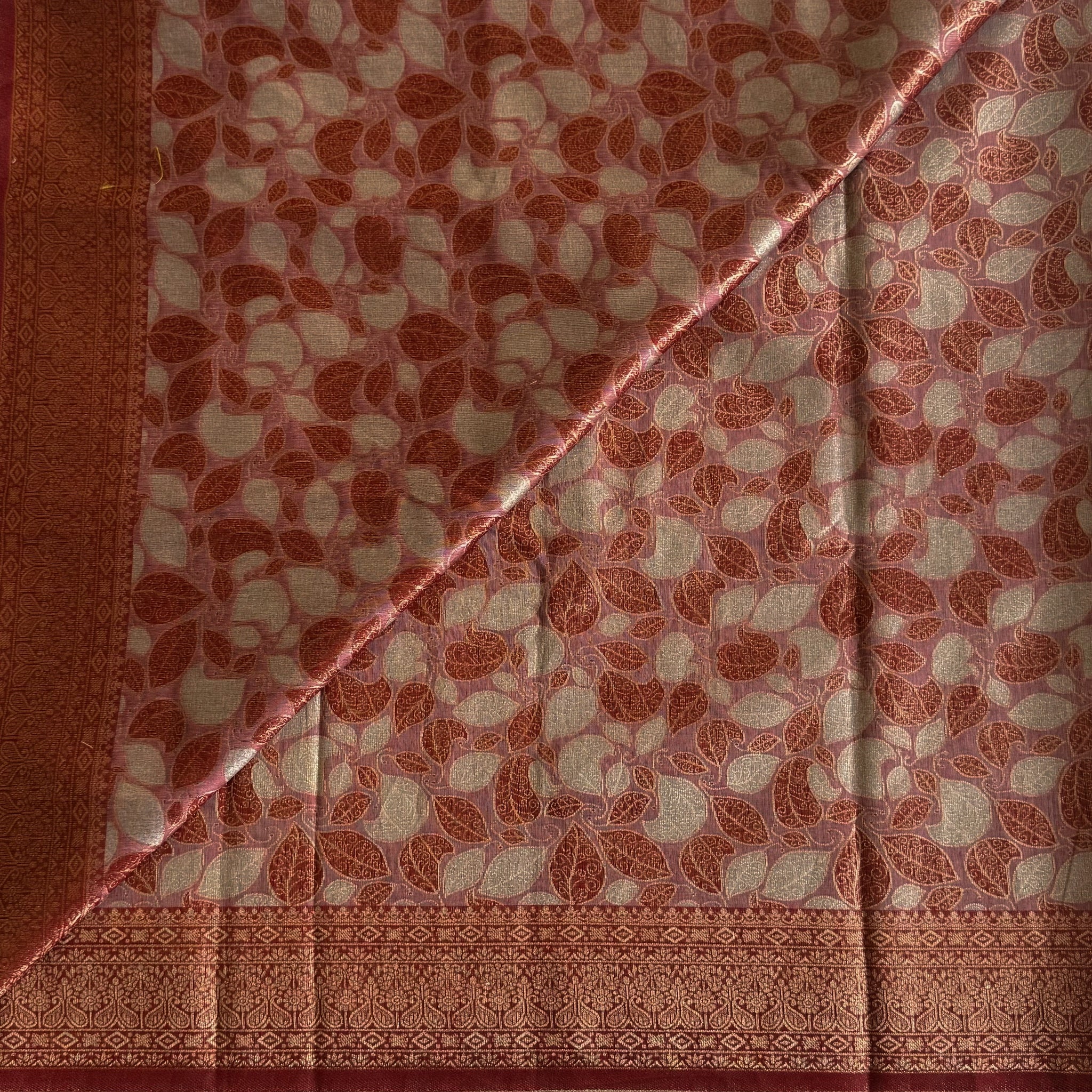 Maroon Gold Brocade Saree Leaf Motif Tassel Pallu Wedding Silk