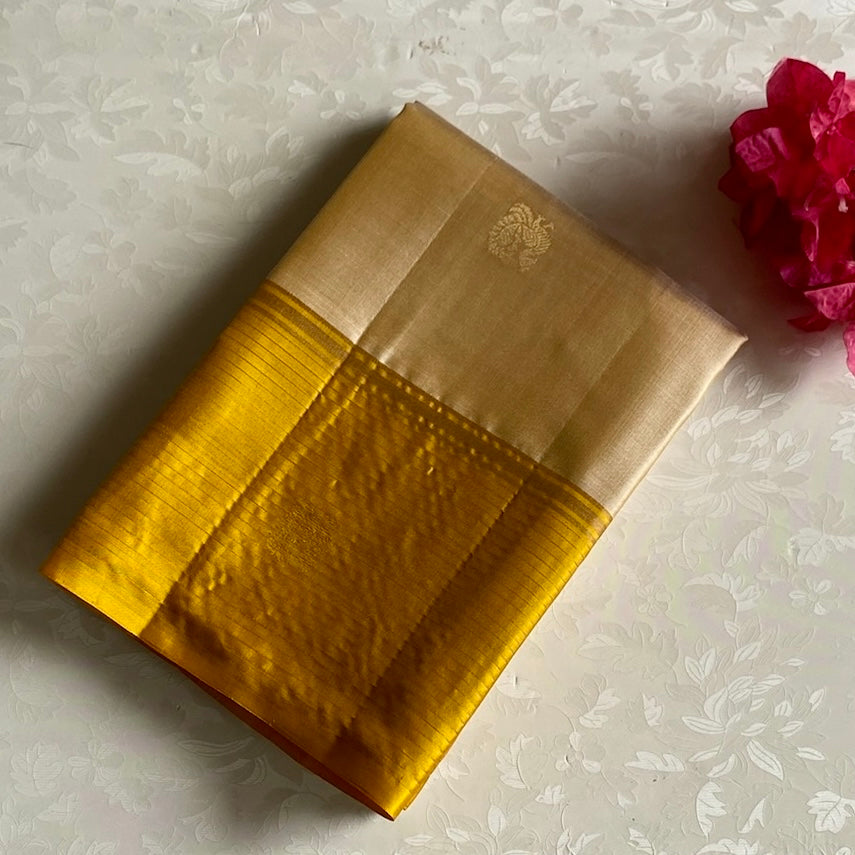 Champagne Beige Designer Pure Silk Saree With Stunner Mango Yellow Border