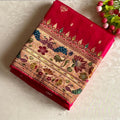 Fuchsia Pinkish Red Meenakari Soft Tussar Silk Saree With Peach Peacock Pallu