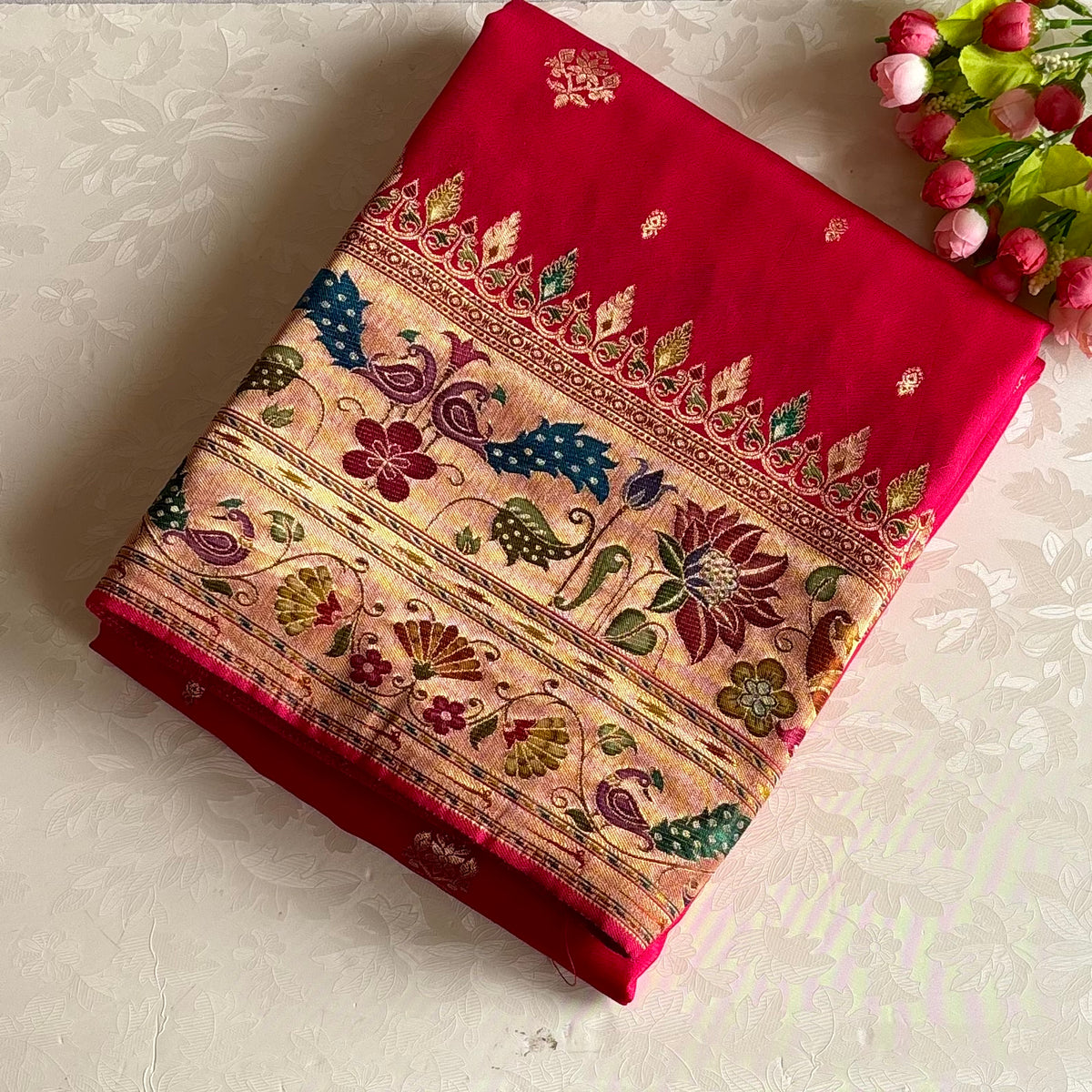 Fuchsia Pinkish Red Meenakari Soft Tussar Silk Saree With Peach Peacock Pallu
