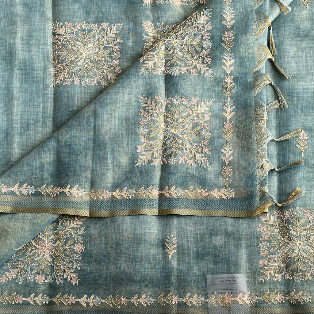 Pastel Powder Blue Soft Linen Designer Elegant With Antique Gold Embroidery