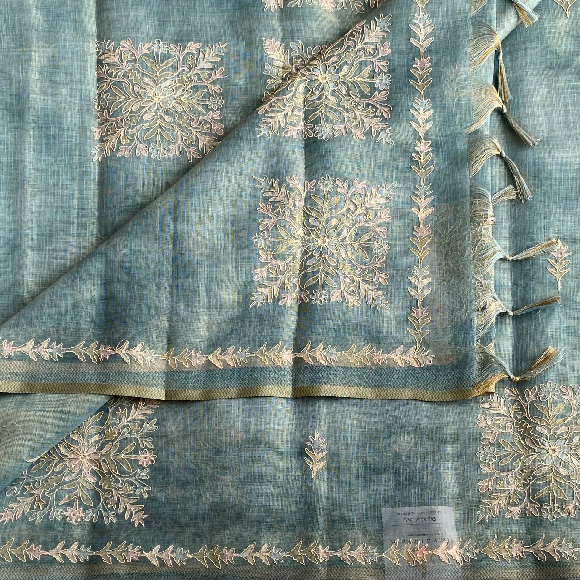 Pastel Powder Blue Soft Linen Designer Elegant With Antique Gold Embroidery