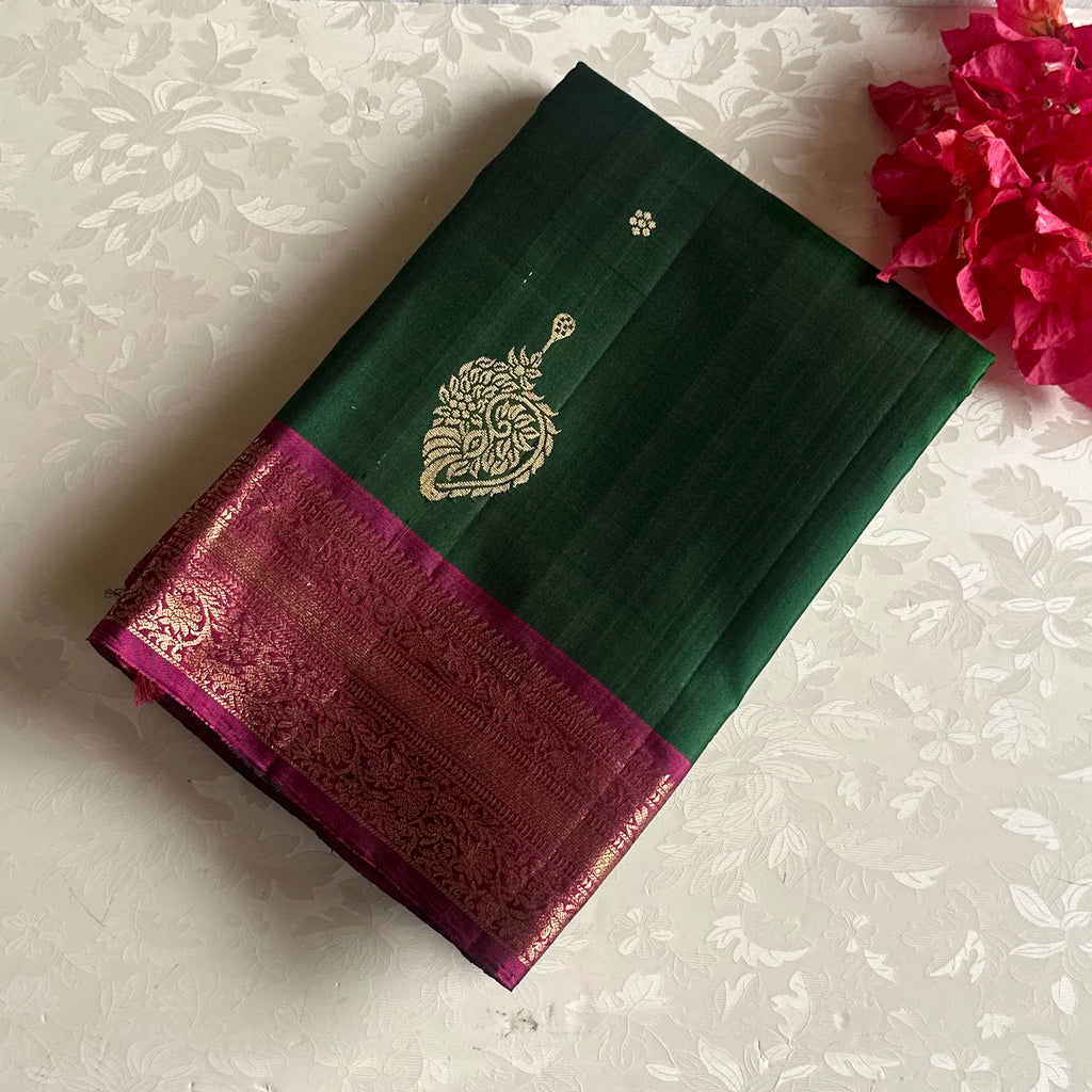 Emerald Green Designer Pure Silk Saree With Rani Pink Pallu Gold Zari