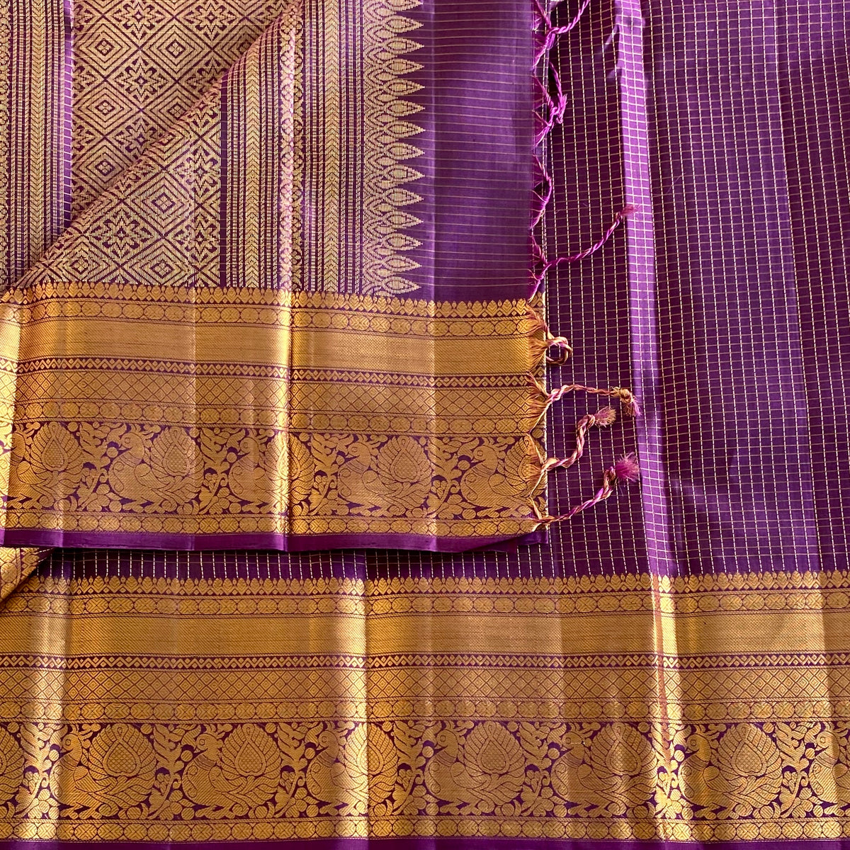 Micro Checkered Purple Designer Pure Silk Saree With Golden Floral Pallu