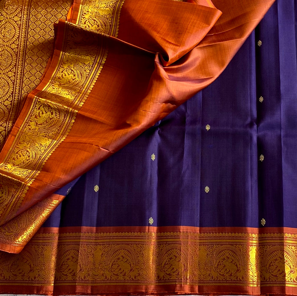 Royal Blue Silk Saree Burnt Orange Pallu Gold Brocade Border