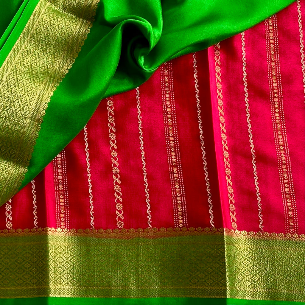 Cherry Pinkish Red Mysore Crepe Silk Saree With Emerald Green Pallu