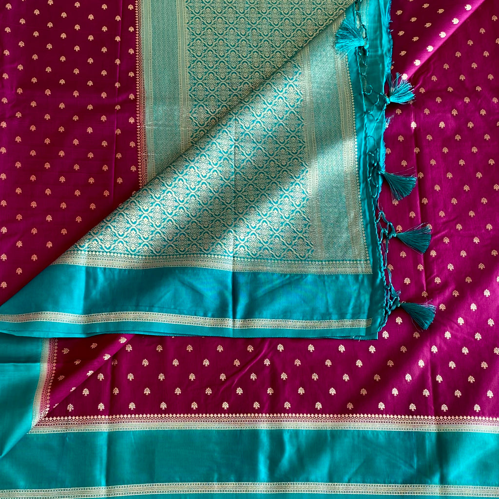 Elegant Magenta Teal Silk Saree Woven Zari Buti Tassel Border