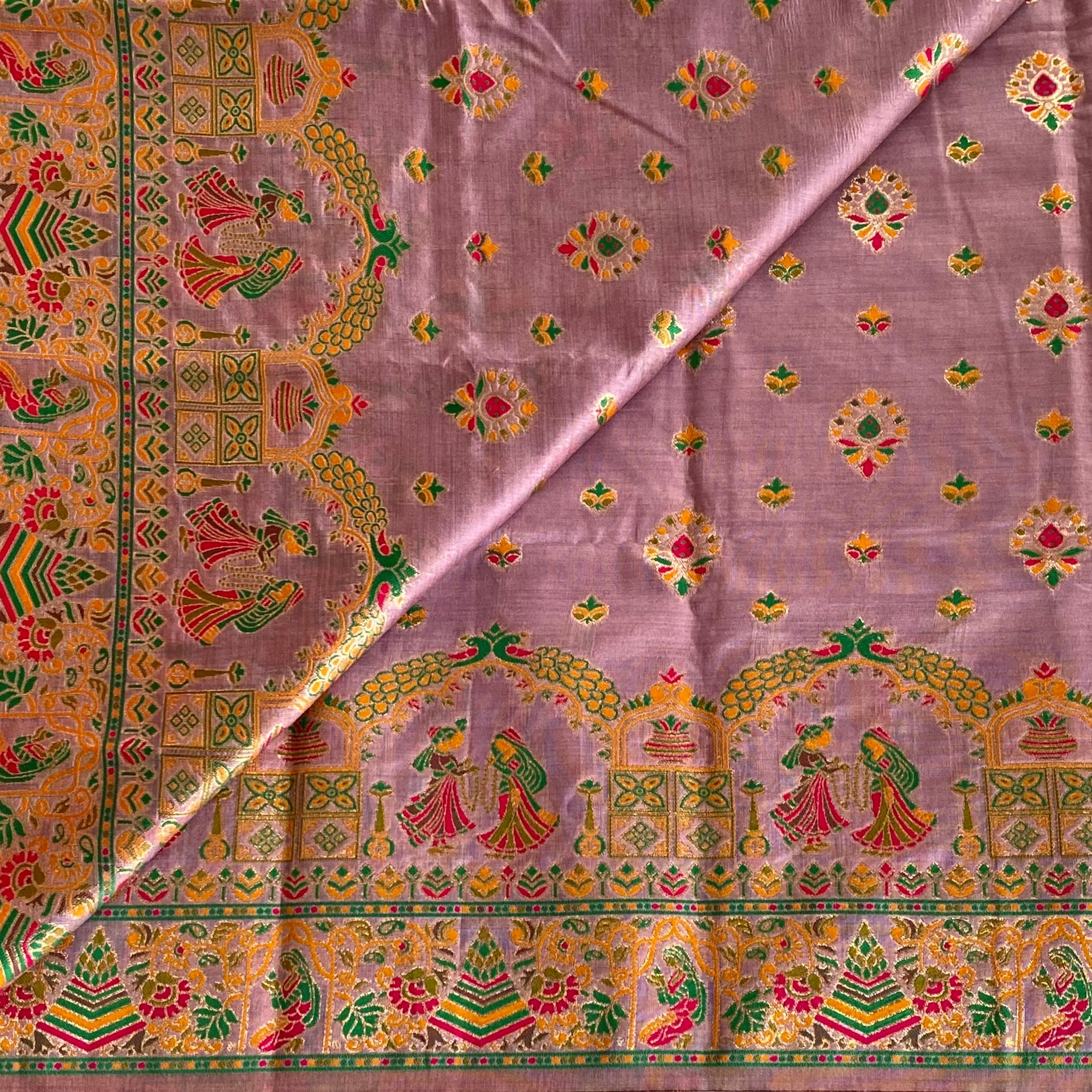 Elegant Dusty Mauve Brocade Saree with Gold Zari Tassels Traditional