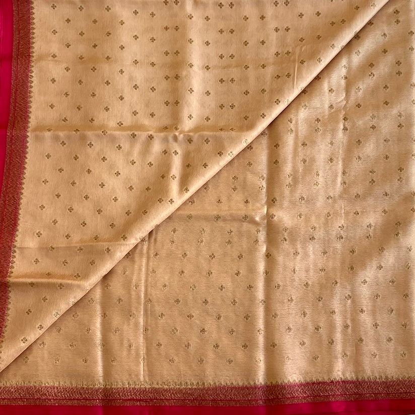 Champagne Beige Banarasi Soft Crepe Silk With Rani Pink Pallu