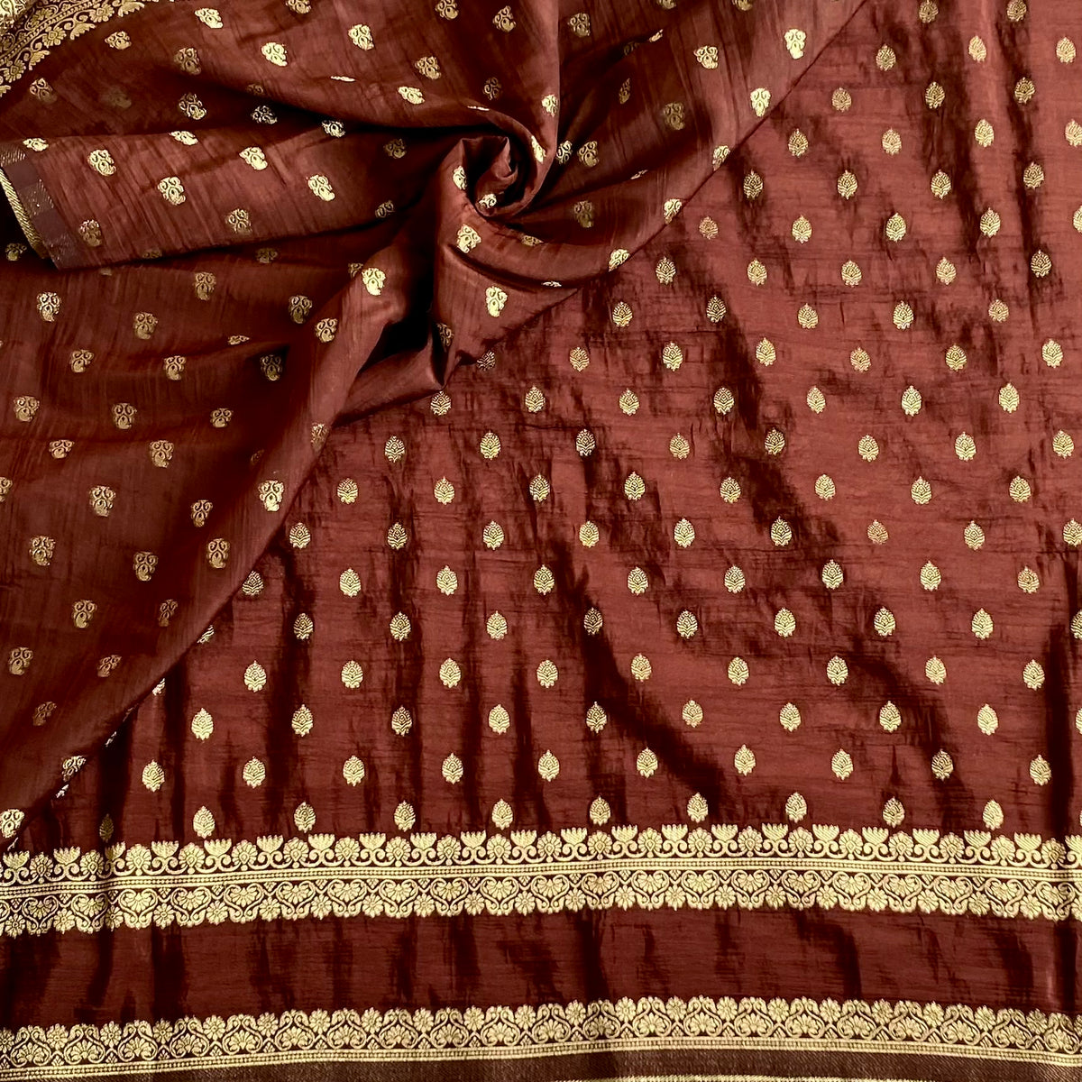 Deep Chocolate Maroon Soft Tussar Silk Saree With Rich Gold Brocade Pallu