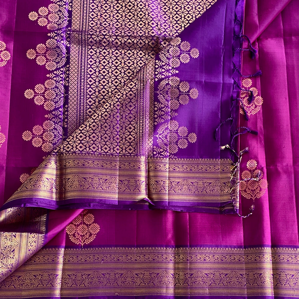 Magenta Designer Pure Silk Saree With Royal Purple Pallu And Zari Gold