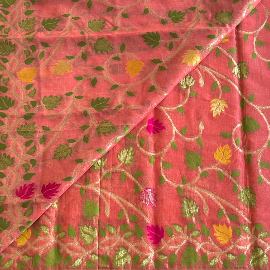 Coral Pink Floral Leaf Saree Gold Zari Tassel Pallu Elegant