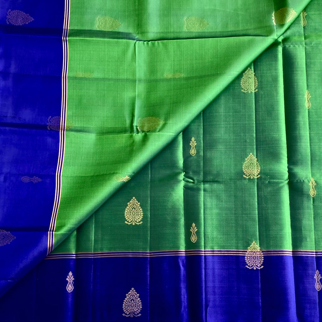 Jewel Tone Green with Royal Blue Designer Pure Silk Saree