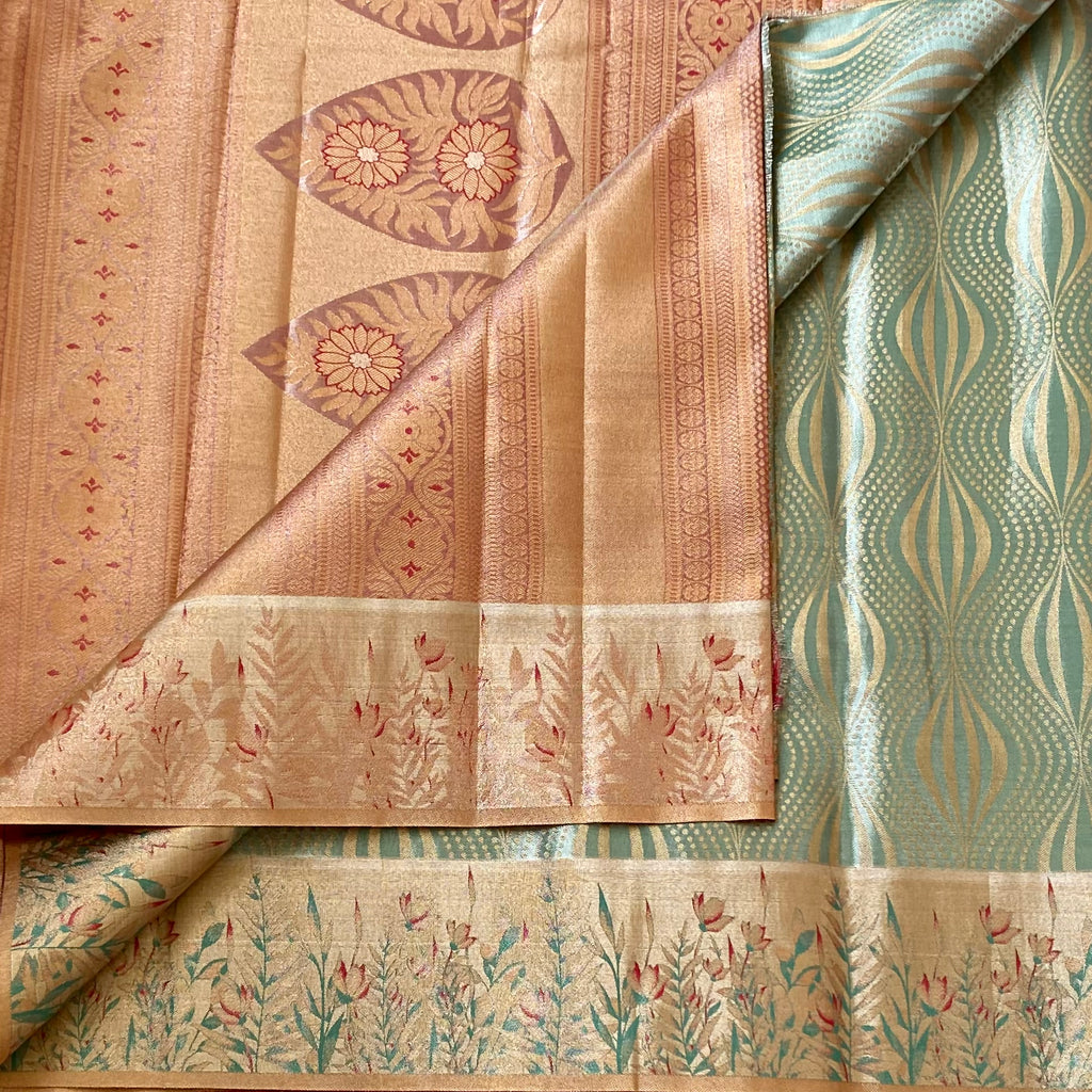 Peach Pink Brocade Saree with Mint Teal Pallu and Zari
