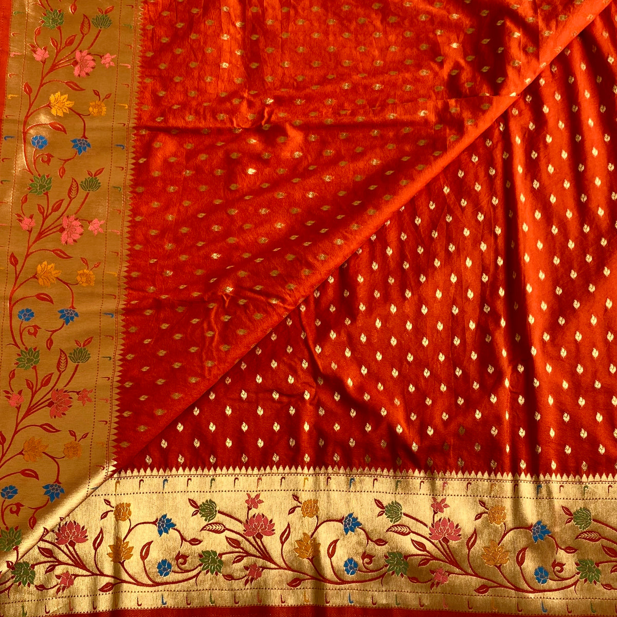 Burnt Orange Soft Crepe Silk Saree With Antique Gold Pallu