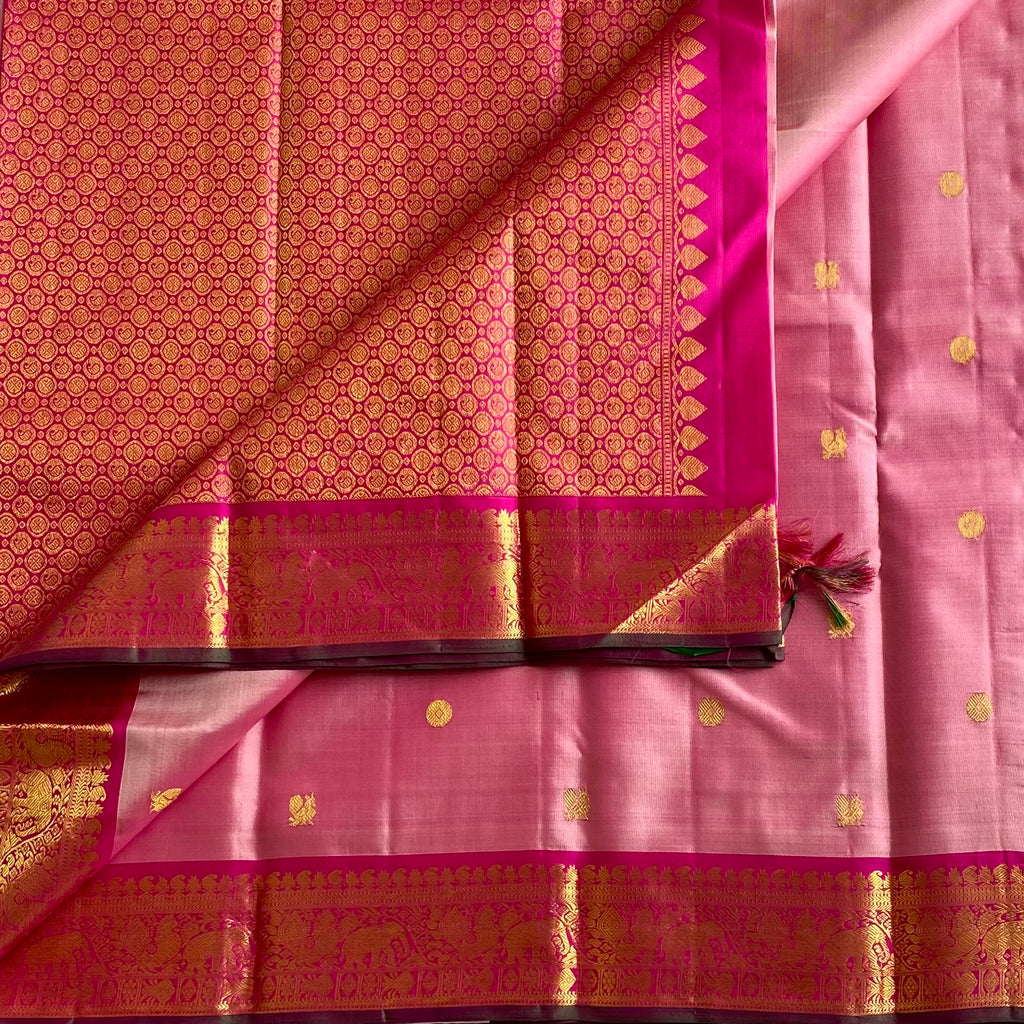 Blush Pink Kanjeevaram Pure Zari Silk Saree With Rani Pink Pallu