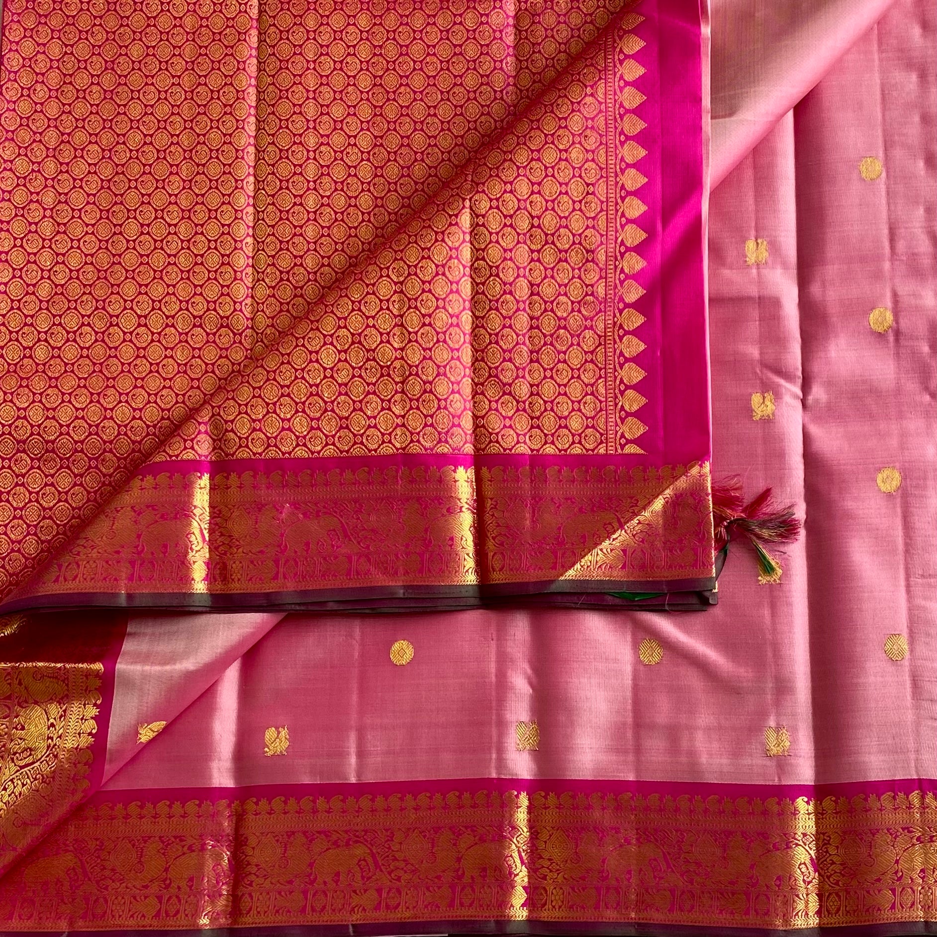 Blush Pink Kanjeevaram Pure Zari Silk Saree With Rani Pink Pallu