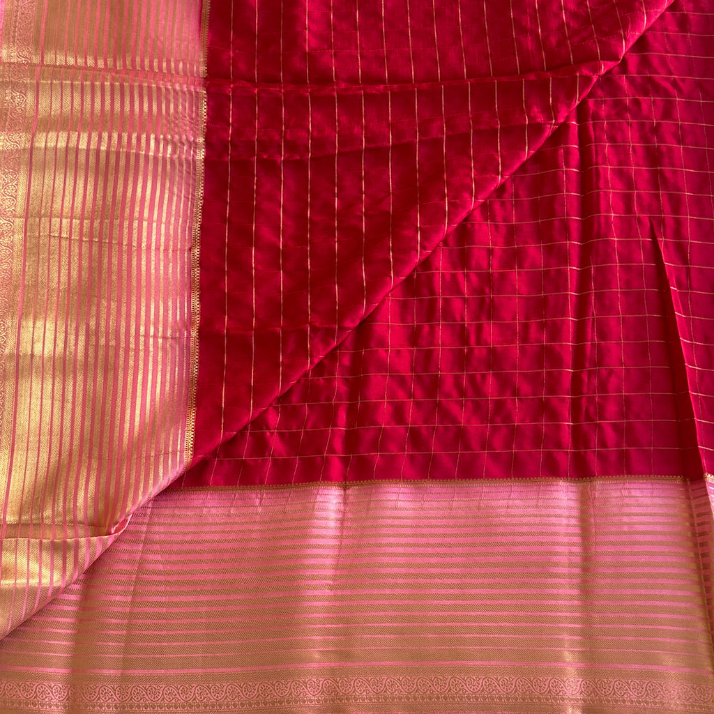 Fuchsia Gold Checked Saree with Blush Pallu and Paisley Border