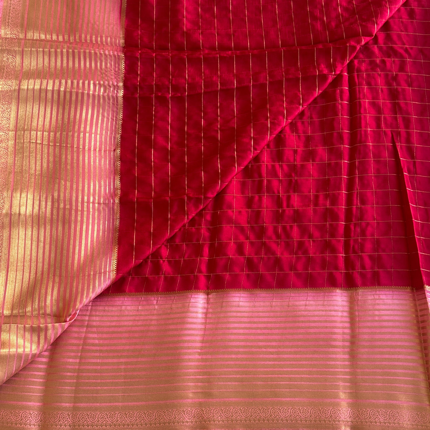 Fuchsia Gold Checked Saree with Blush Pallu and Paisley Border