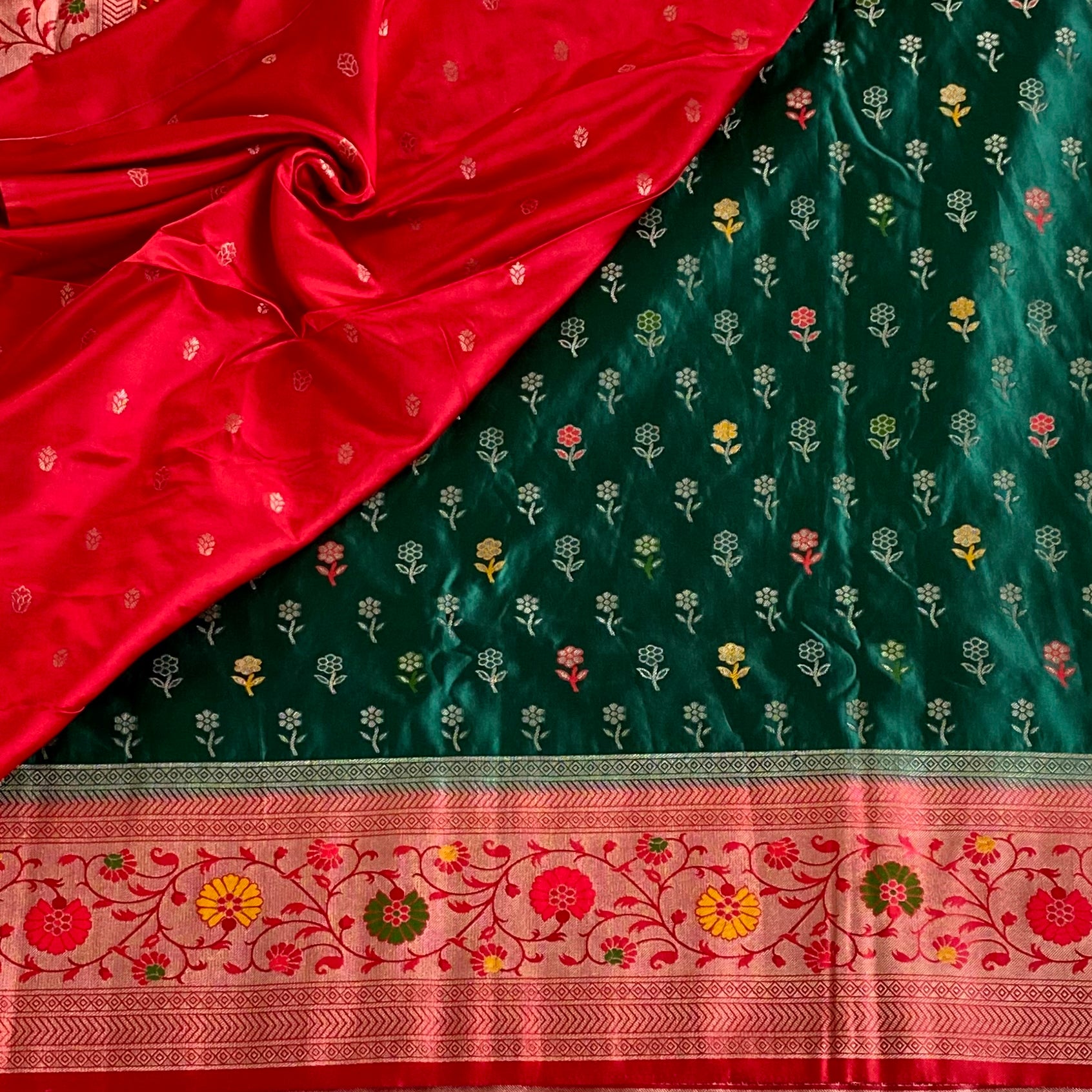 Crimson Fuchsia Paisley Silk Saree Forest Green Floral Border Elegant