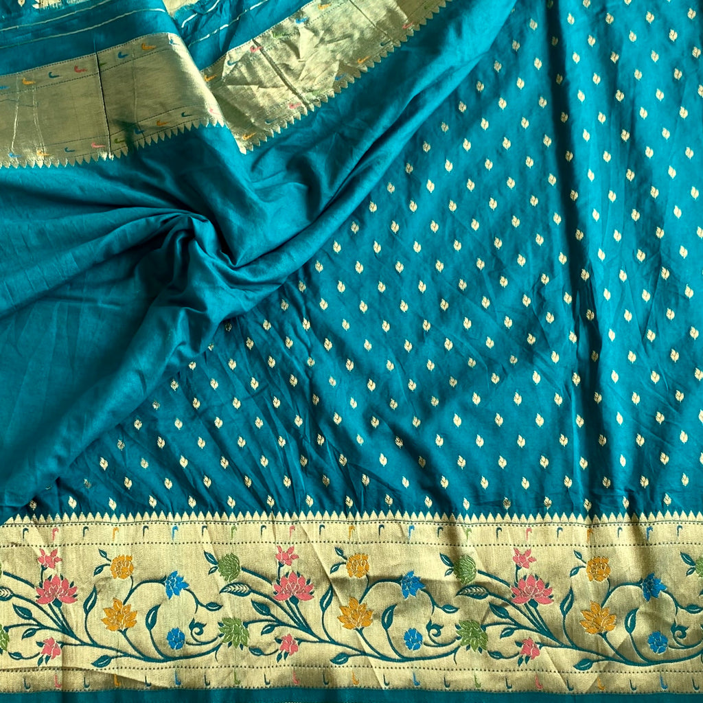 Teal Blue Soft Crepe Silk Saree With Antique Gold Pallu