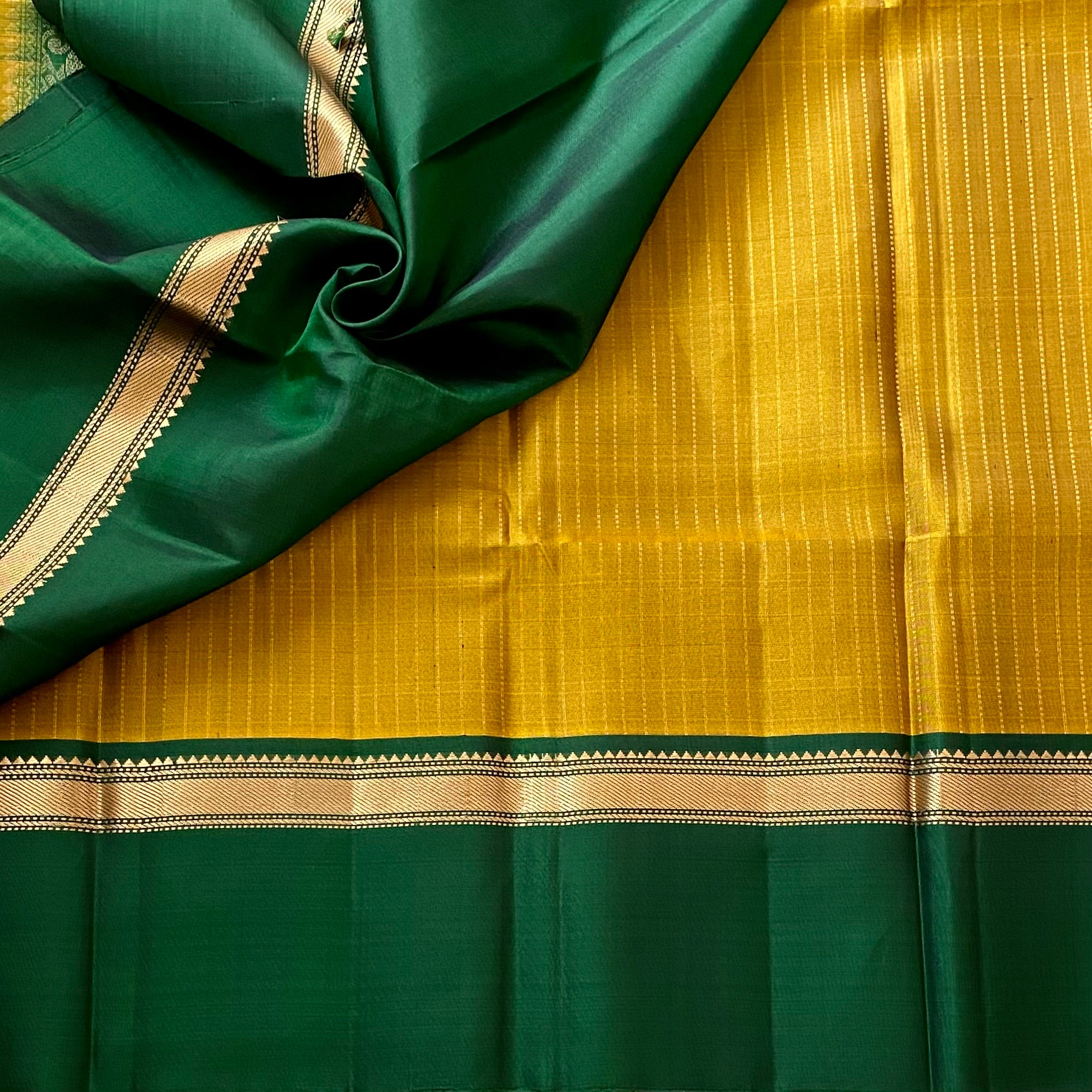 Rich Golden Mustard Designer Pure Silk With Bottle Green Borders