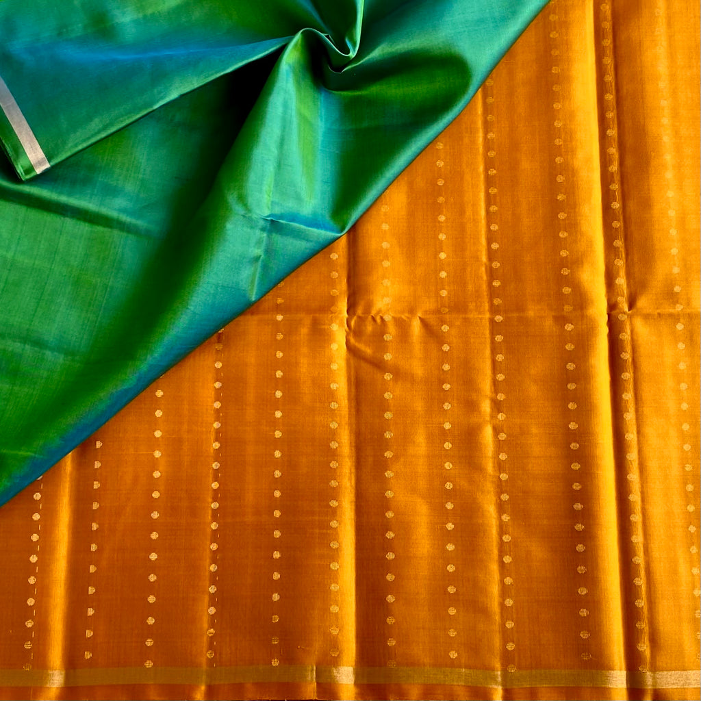 Mustard Yellow Designer Pure Silk Saree With Peacock Green Pallu