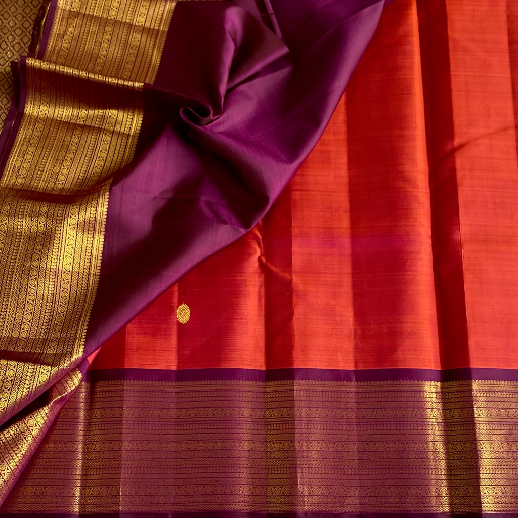 Dual Shaded Kanakambari Orange with Classy Wine Purple Pure Kanjeevaram Silk